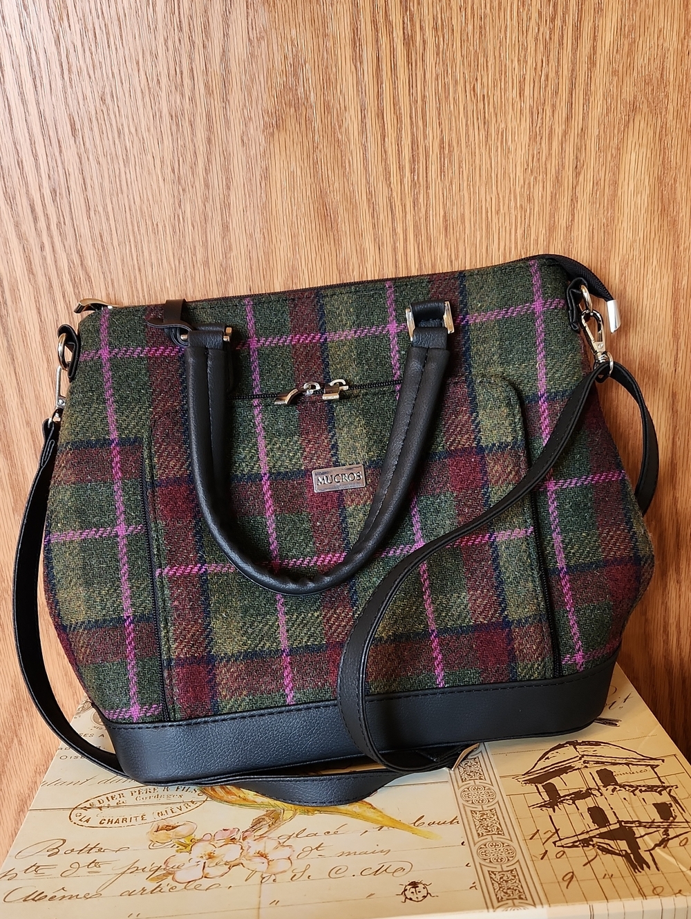 Mucros Green and Purple Plaid Satchel with Black Trim